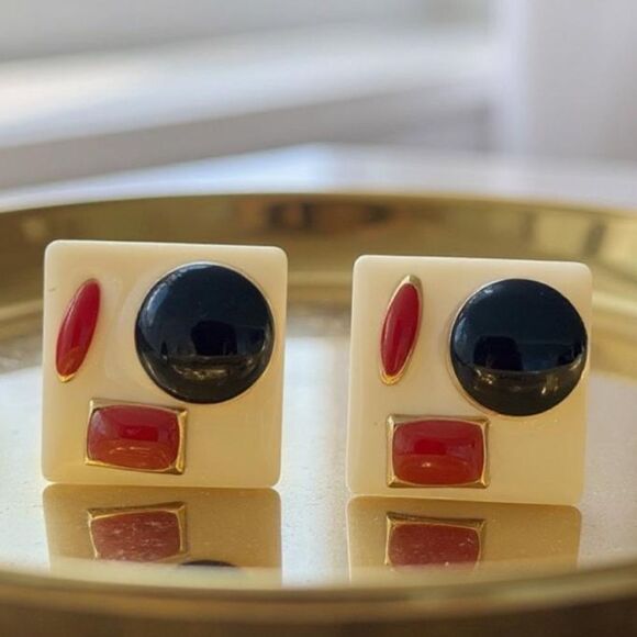 NWT Fashion Earrings Square Stud Earrings - Cream, Navy,‎ and Red - Picture 1 of 5